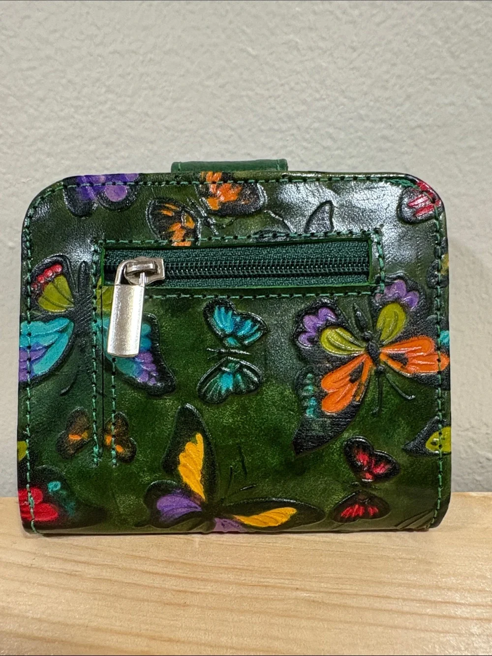 Green Butterfly Embossed Leather Card Wallet